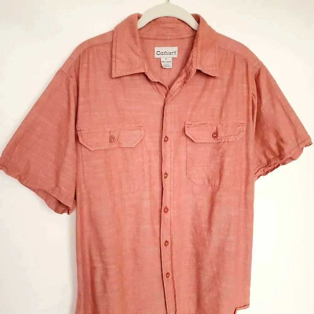 Carhartt Men's Shirt Large Solid Burnt Orange Button Down Pockets Short Sleeve - Picture 5 of 12